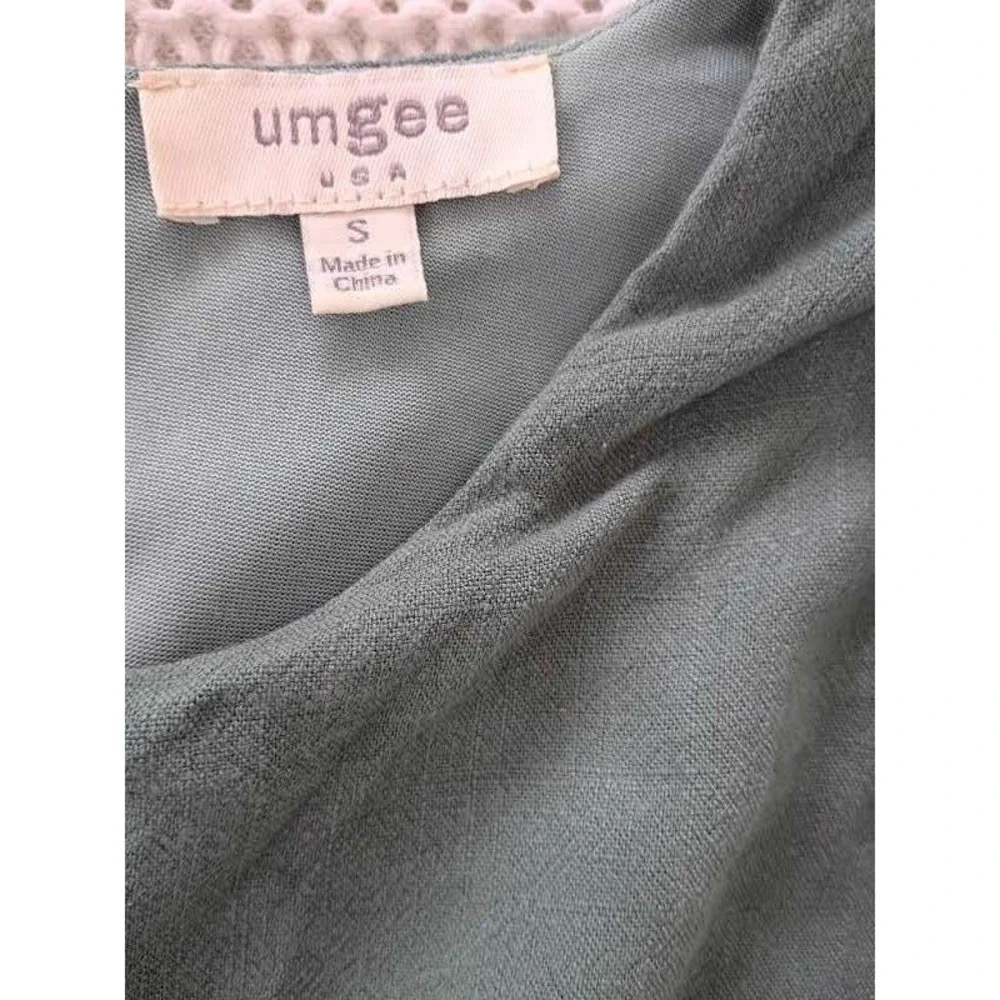 UMGEE‎ Sage Green Linen Mini Dress Blue Contrast Slve Smocked Cuff S Cottagecore